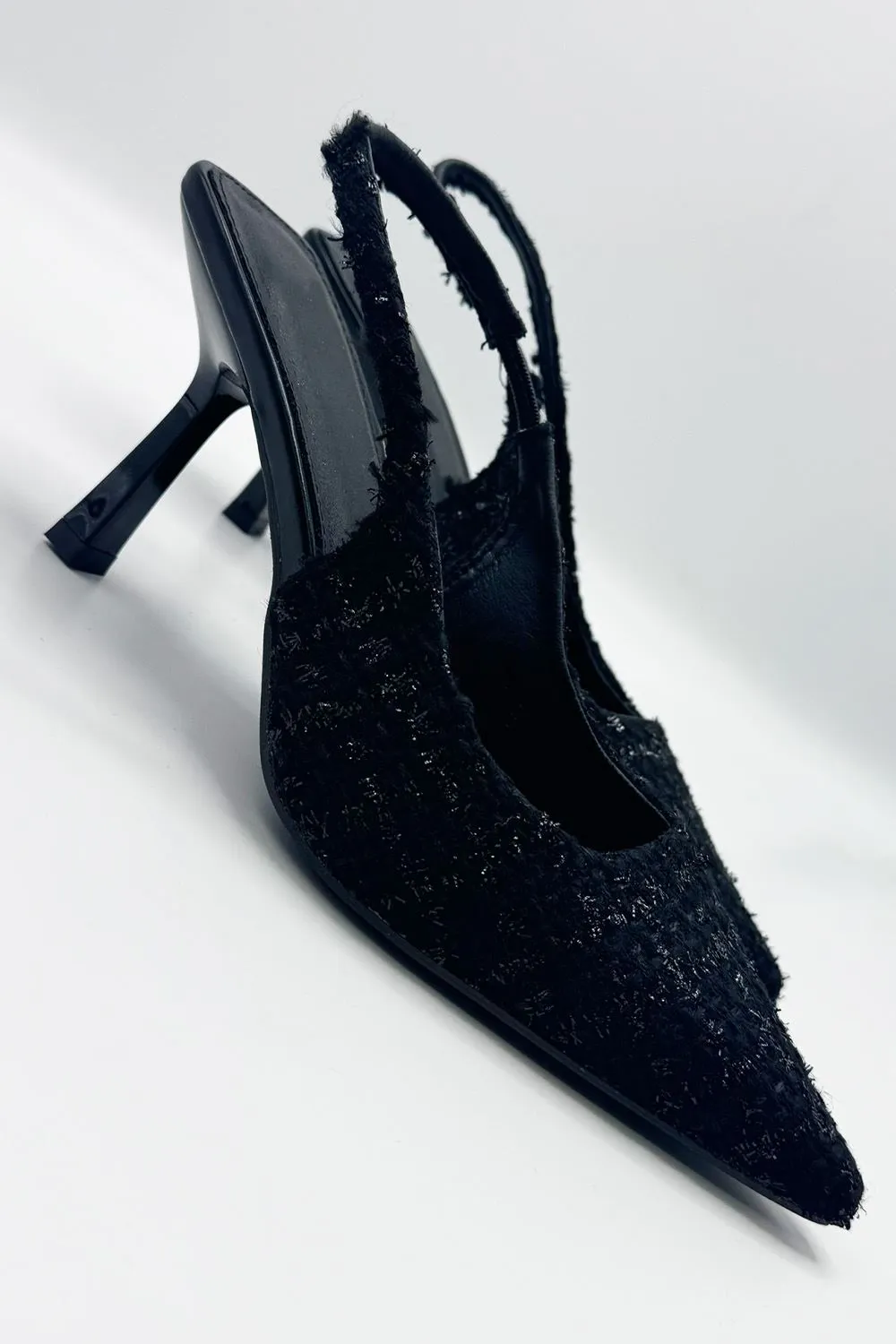 Cher Pointed Toe Tweed Sling back Court Shoe in Black