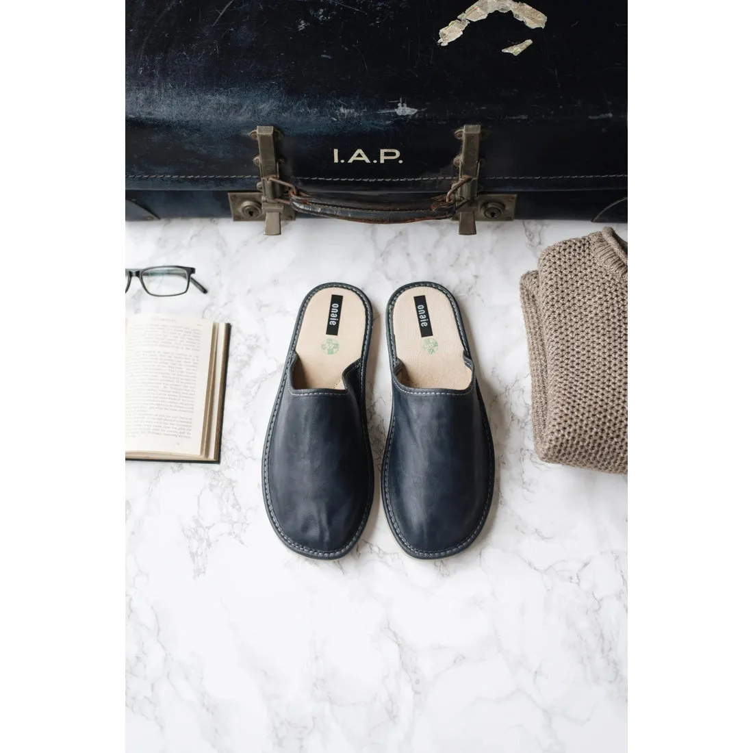 Men's Dark Blue Leather Slippers