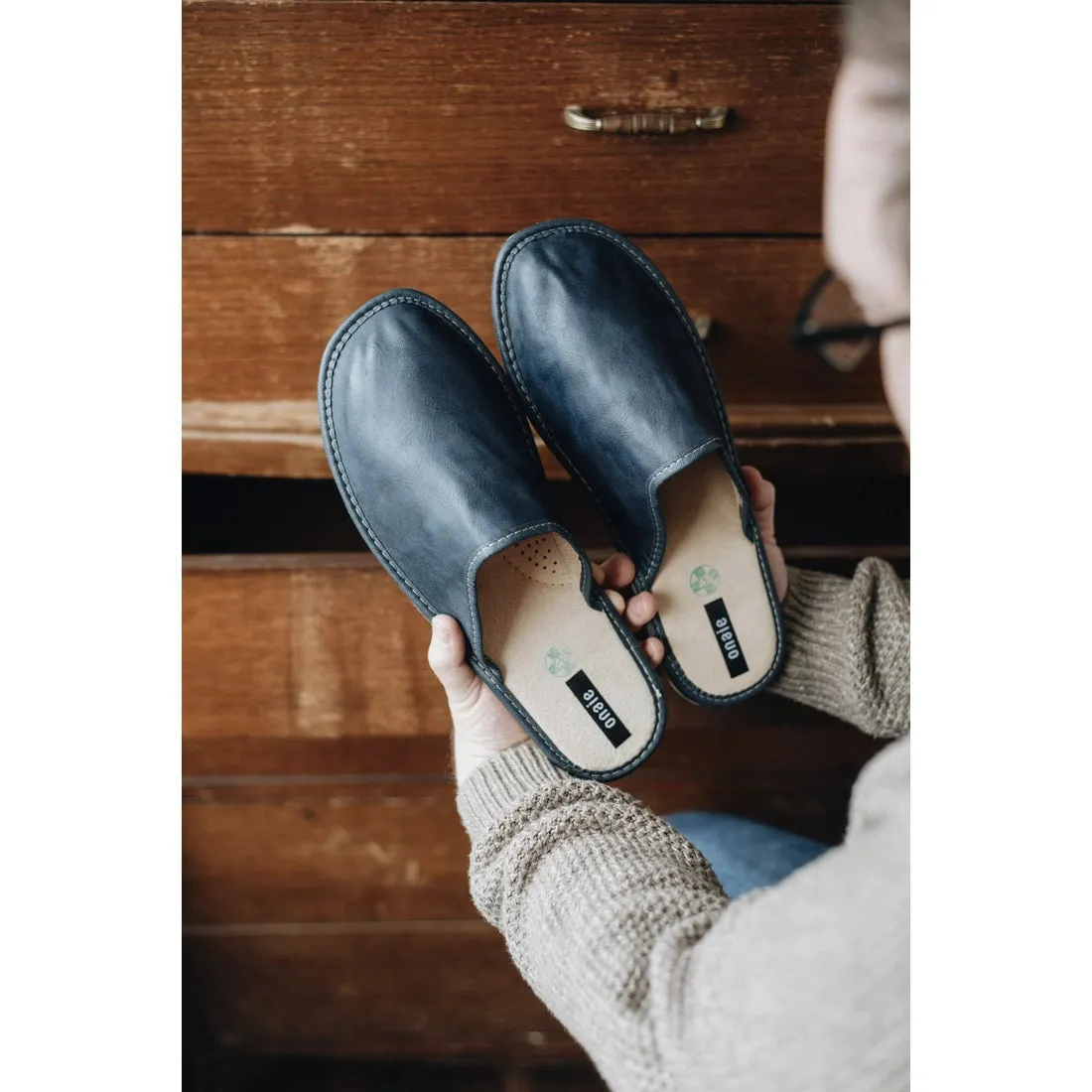 Men's Dark Blue Leather Slippers