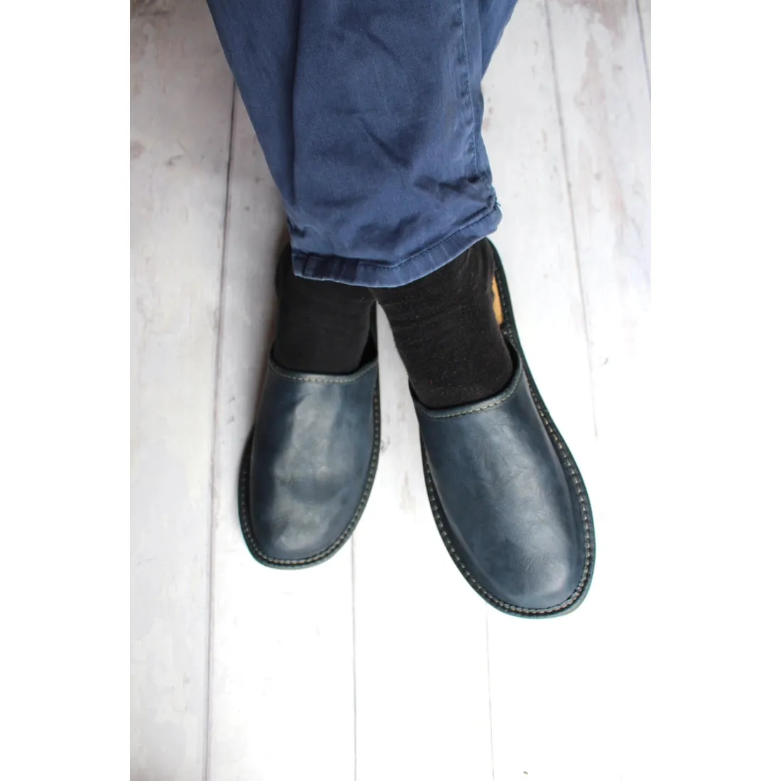 Men's Dark Blue Leather Slippers