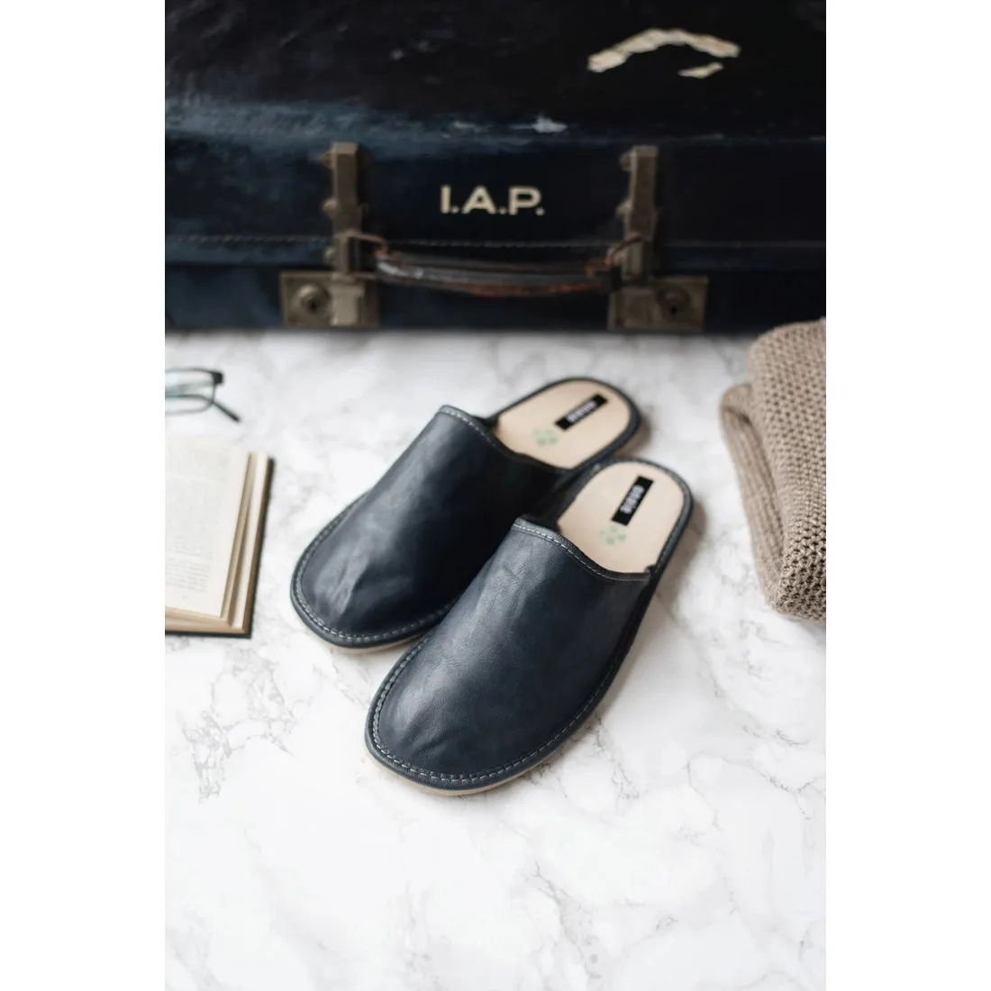 Men's Dark Blue Leather Slippers