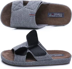 Men's Open Toe Slippers Adjustable House Slippers with Arch Support Cross Band Anti-Slip Indoor Outdoor Slides