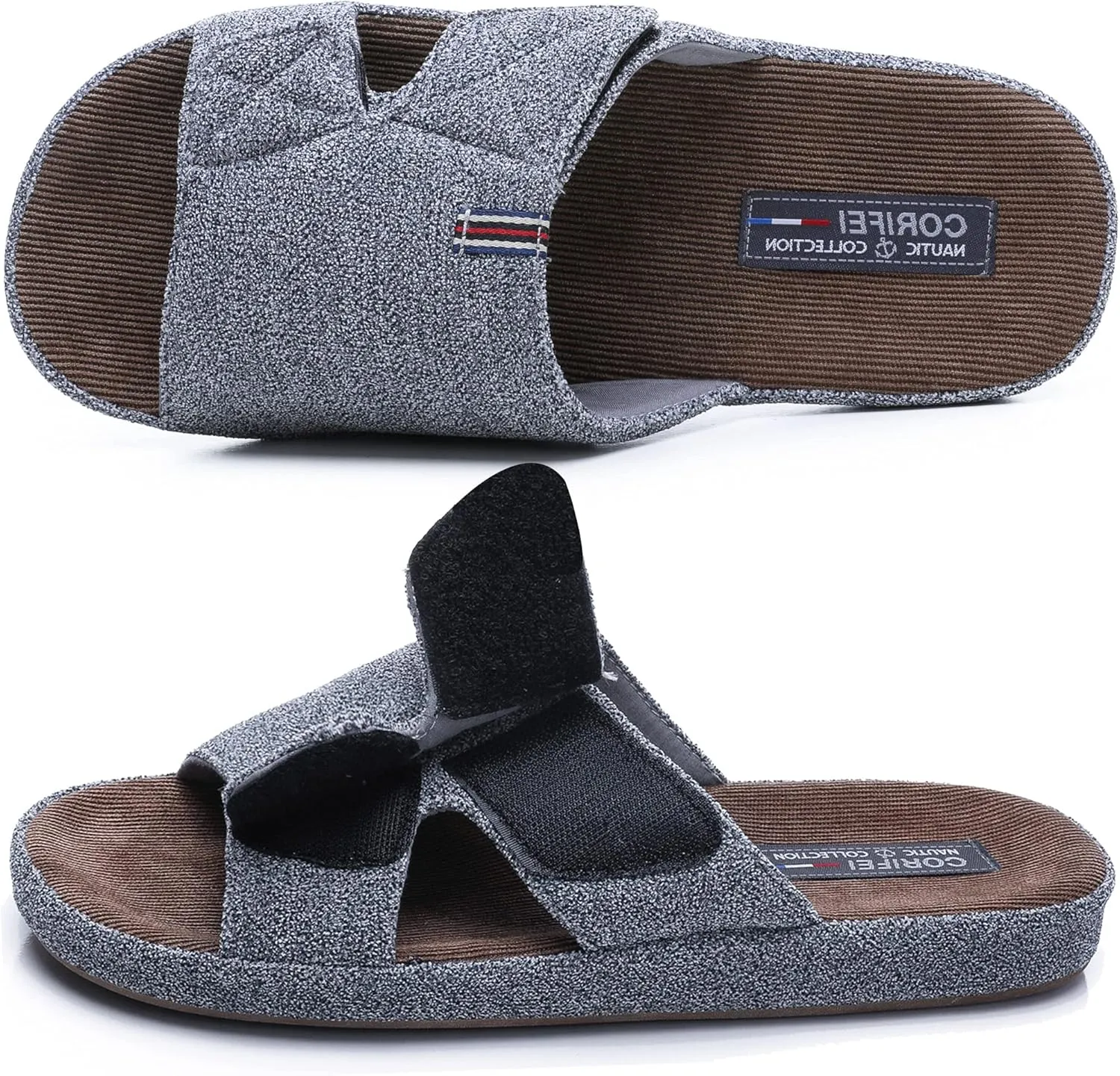 Men's Open Toe Slippers Adjustable House Slippers with Arch Support Cross Band Anti-Slip Indoor Outdoor Slides