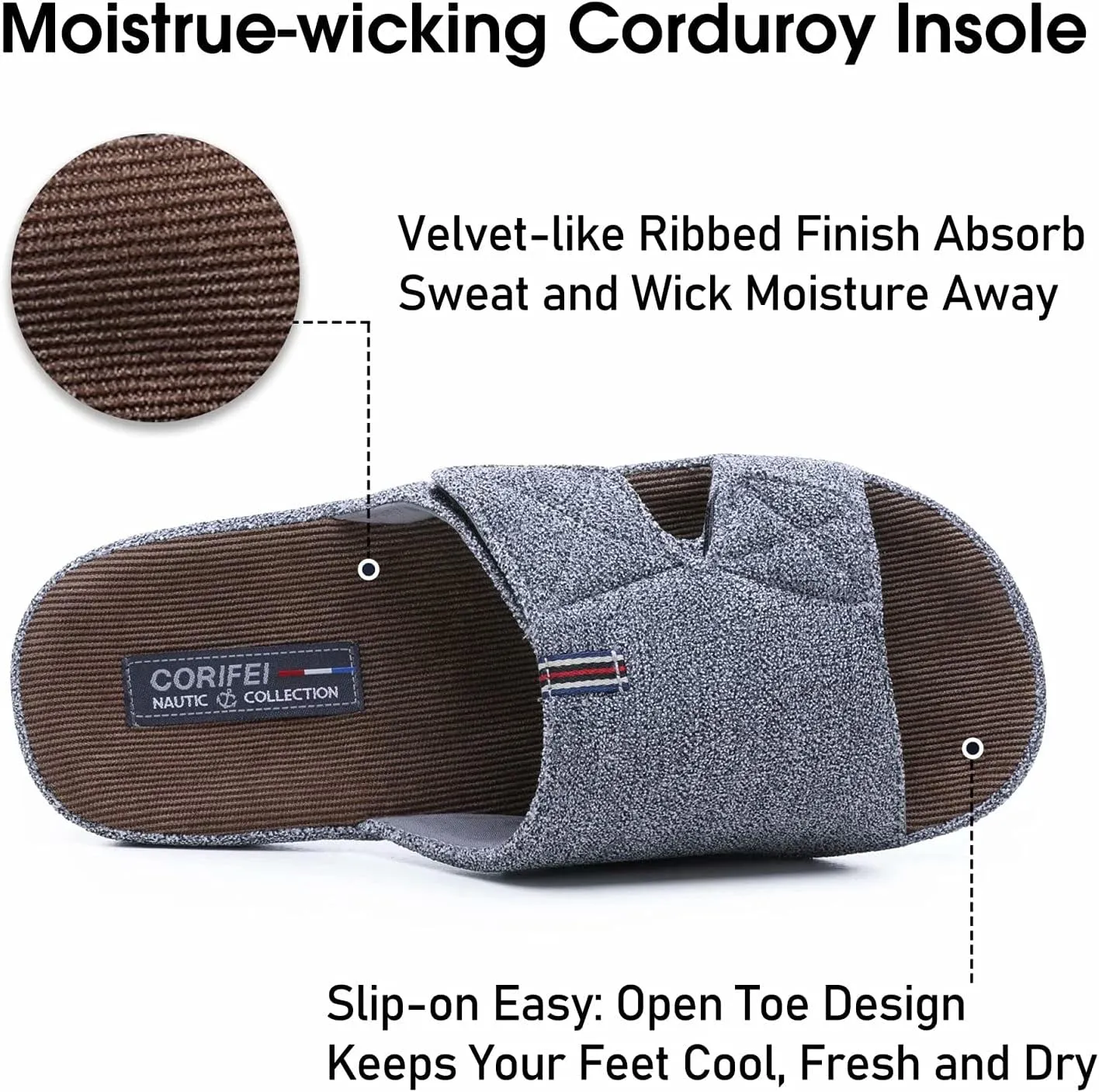 Men's Open Toe Slippers Adjustable House Slippers with Arch Support Cross Band Anti-Slip Indoor Outdoor Slides