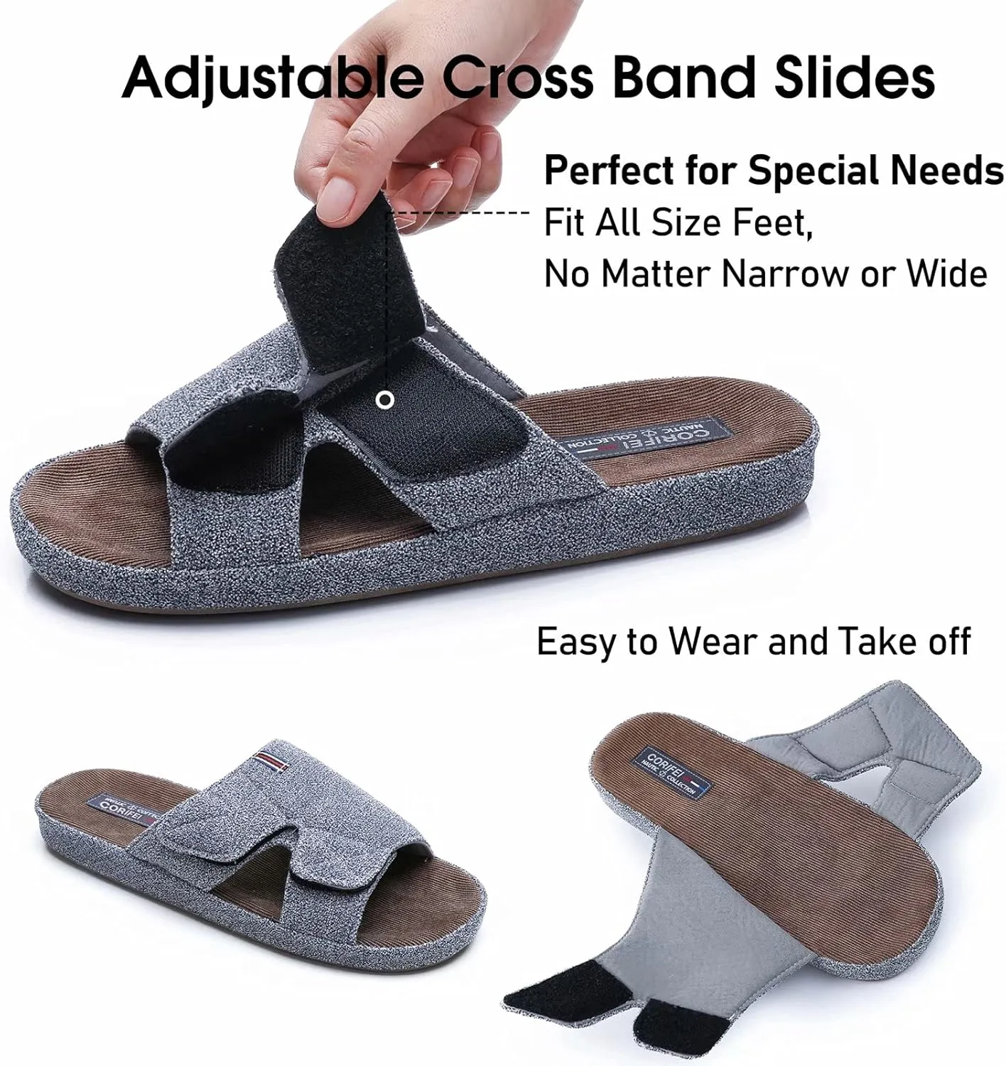 Men's Open Toe Slippers Adjustable House Slippers with Arch Support Cross Band Anti-Slip Indoor Outdoor Slides