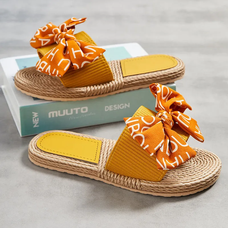 Straw Slide Slippers with Bow for Women
