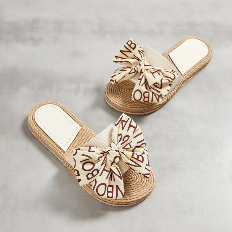 Straw Slide Slippers with Bow for Women