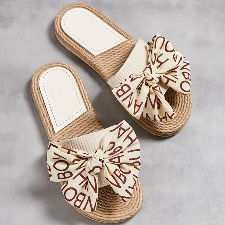 Straw Slide Slippers with Bow for Women