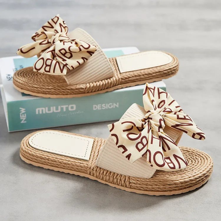 Straw Slide Slippers with Bow for Women
