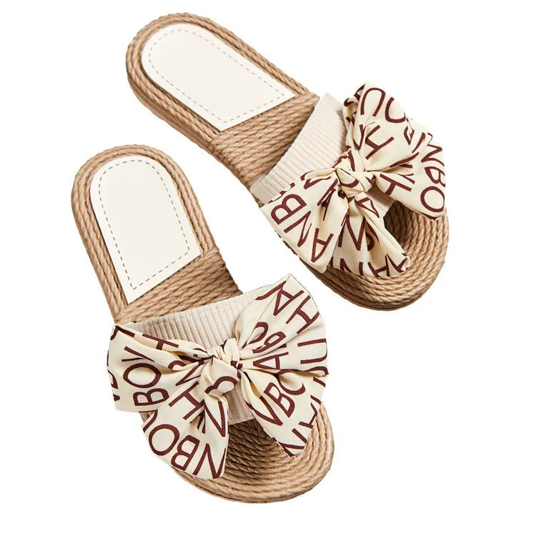 Straw Slide Slippers with Bow for Women