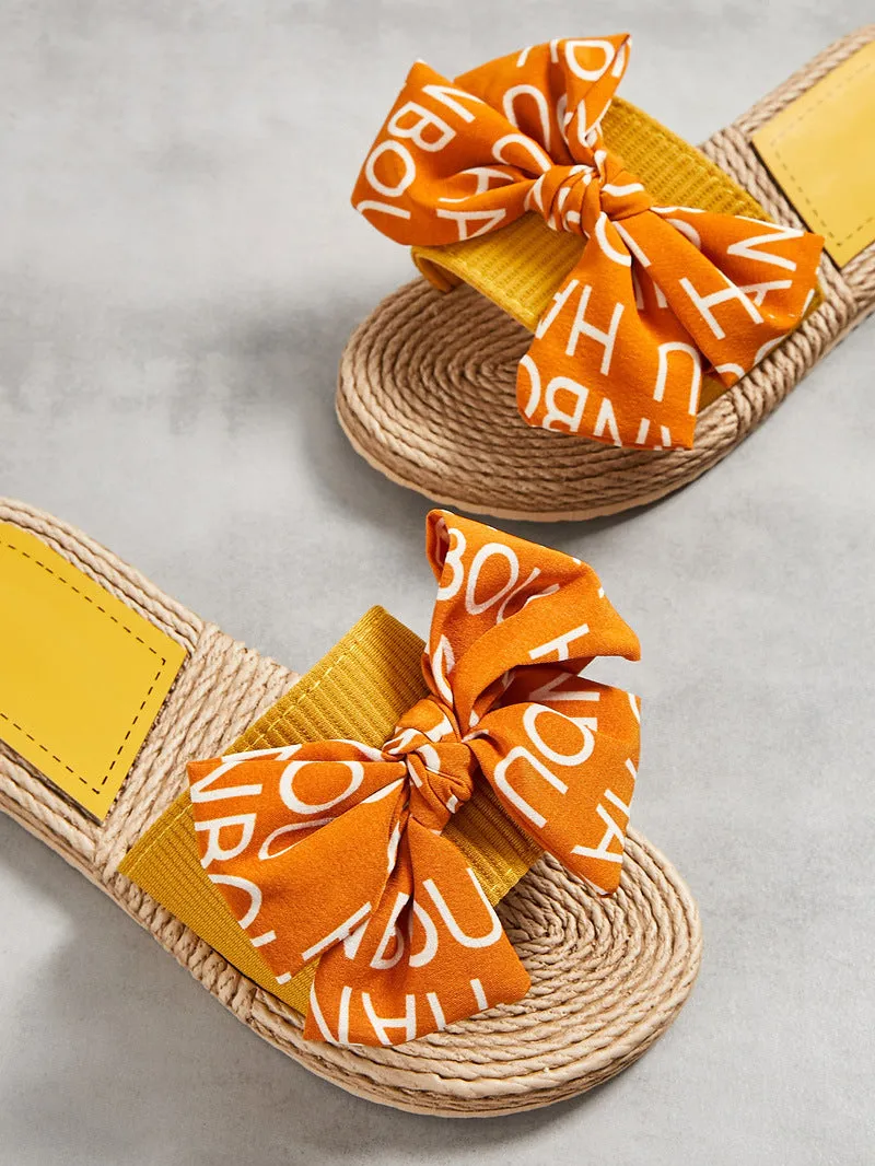 Straw Slide Slippers with Bow for Women