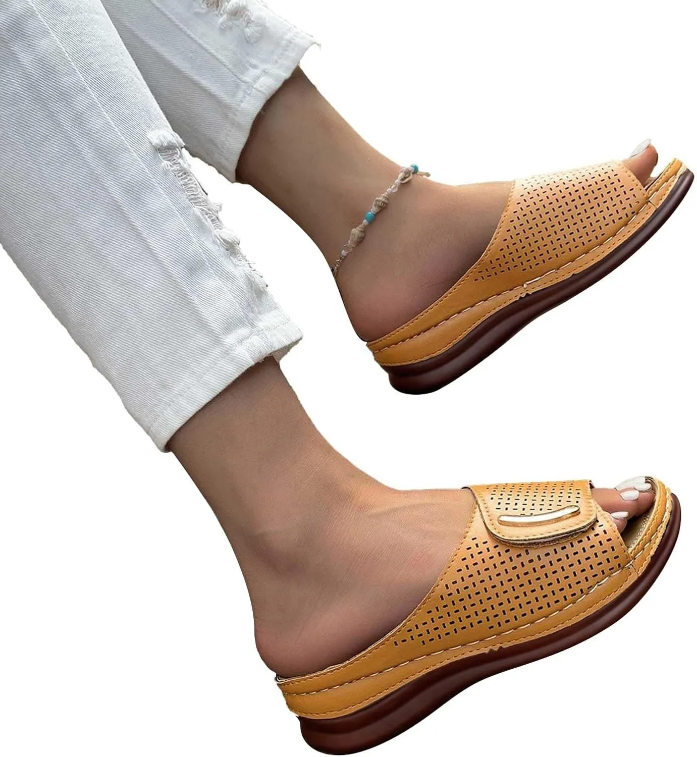 Wedge Sandals For Women Slingback Wedges Wide Strap Orthopedic Ortho Orthotic Strappy Supportive Comfortable Comfort Arch Wedge Slippers Breathable Beach Walking Fashion Trendy Shoes