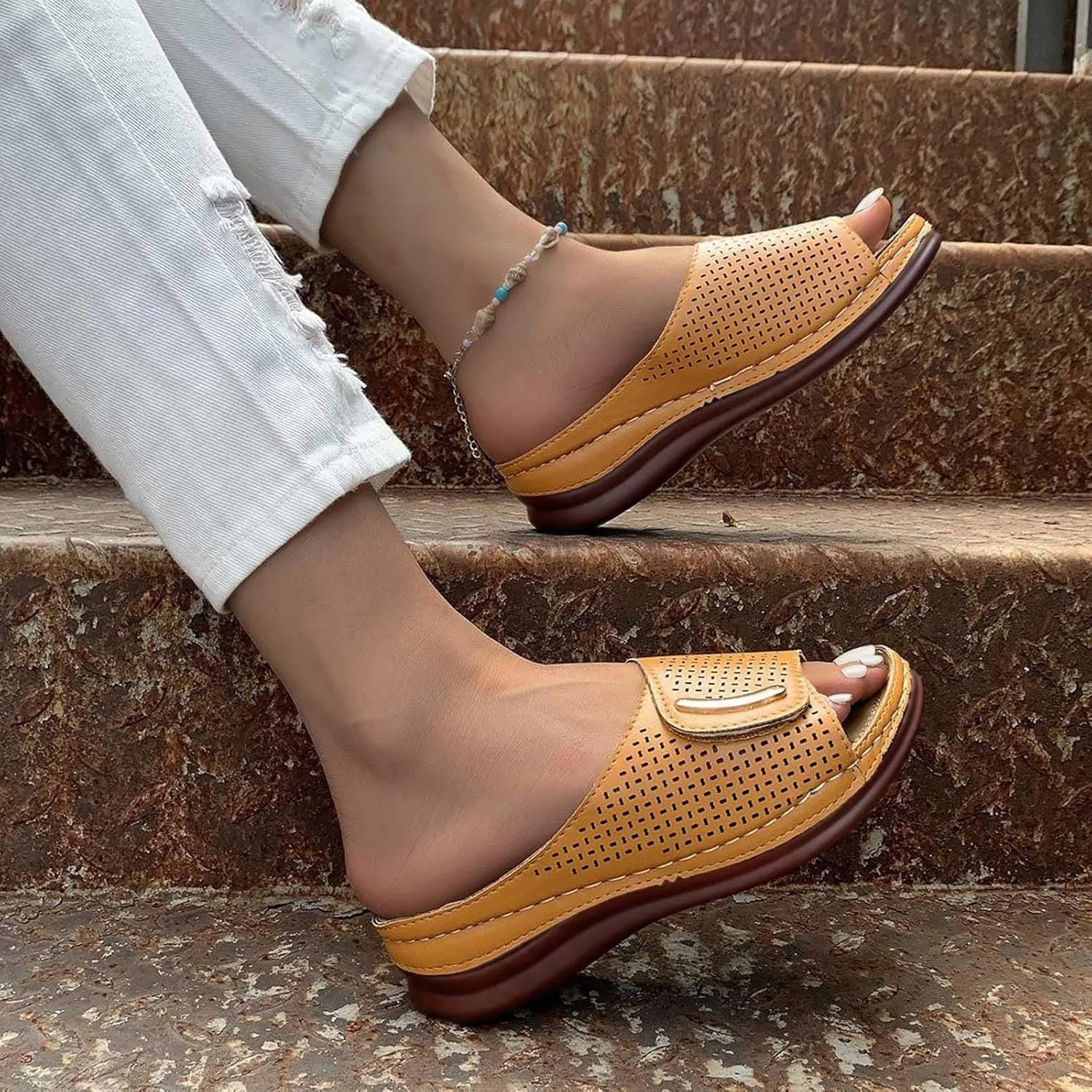 Wedge Sandals For Women Slingback Wedges Wide Strap Orthopedic Ortho Orthotic Strappy Supportive Comfortable Comfort Arch Wedge Slippers Breathable Beach Walking Fashion Trendy Shoes