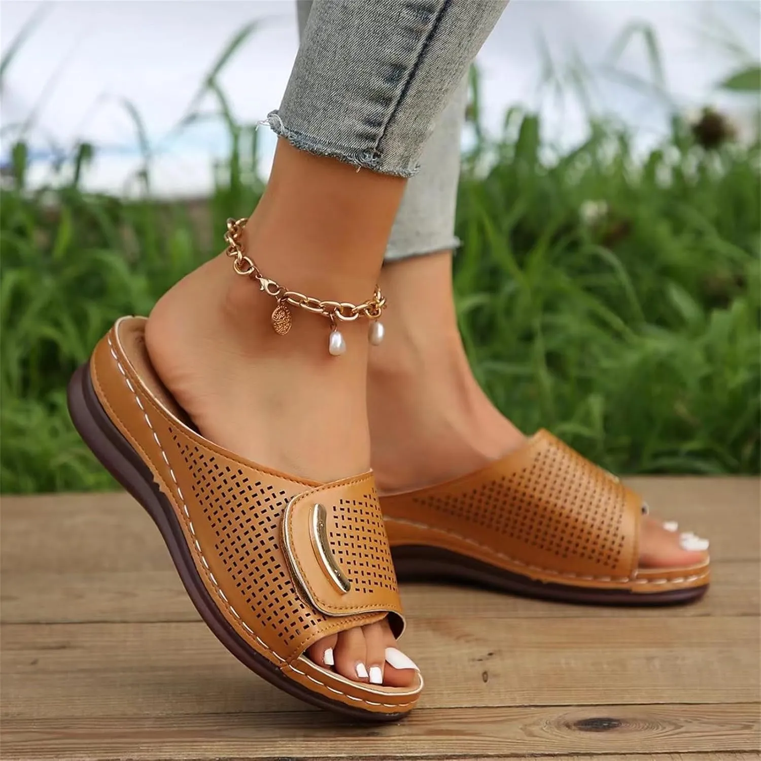Wedge Sandals For Women Slingback Wedges Wide Strap Orthopedic Ortho Orthotic Strappy Supportive Comfortable Comfort Arch Wedge Slippers Breathable Beach Walking Fashion Trendy Shoes